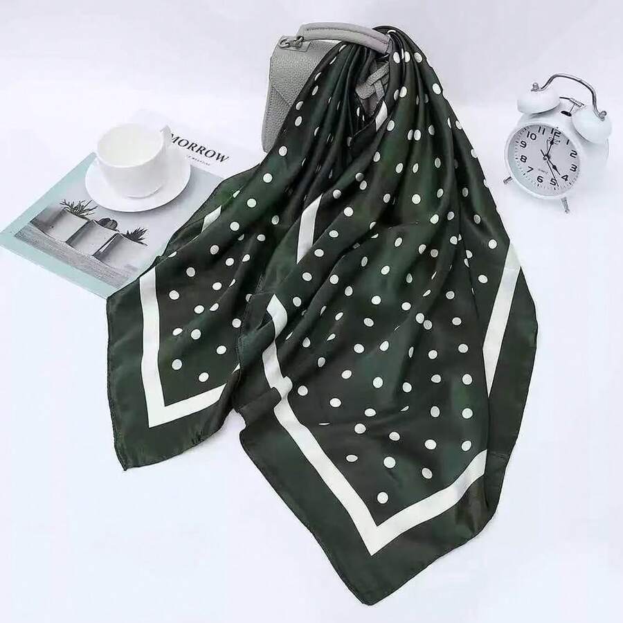 MilyModa Large Polka Dot Print Satin Scarf, Multipurpose, 90x90, Cropped, Bandana, Turban - Bolinha Verde escuro - 查看 1