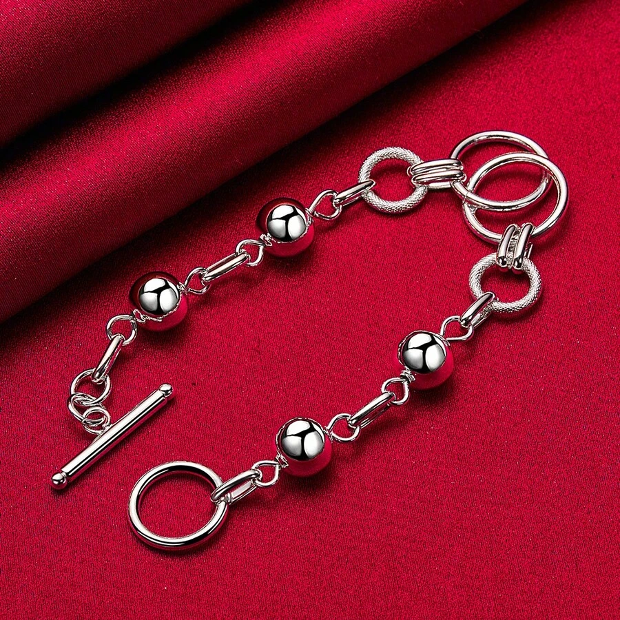Pulsera de cadena de bolas de plata de ley 925 chapada para mujer y hombre, joyería de boda y compromiso - Plateado - Ver 1