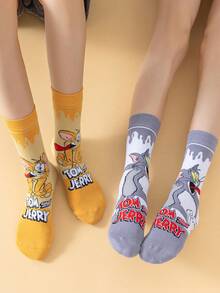 Noctvar OBM Sleepwear X TOM & JERRY 2双猫鼠图案女士中筒袜，可爱卡通爱心设计男士袜子，趣味猫鼠时尚夏季透气休闲男女通用袜，卡通图案，适合学生/成人作为礼物或日常穿着，情侣款。 - 彩色 - 查看 10