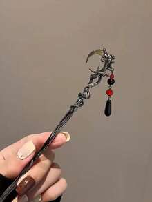 1pc Indie Design Crescent Moon & Tassel Hair Clip, Dark Edgy Vibe New Chinese Style Minimalist Accessory - Multicolor - View 10
