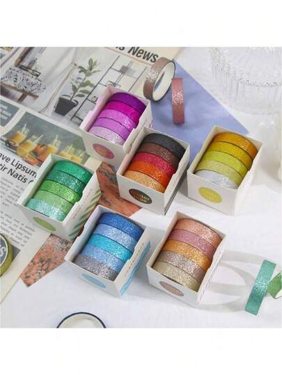6pcs/Set Random Color Macaron Glitter Tape Set - Colorful Decorative Tapes For Arts & Crafts, Scrapbooking, Decoration And DIY, Pink Glitter Stickers For Diary Decoration