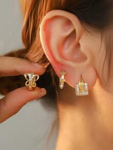 6pcs 18K Gold Plated Earring Set, Butterfly & Geometric Stud Earrings, Valentine's Gift For Her - Gold - View 9
