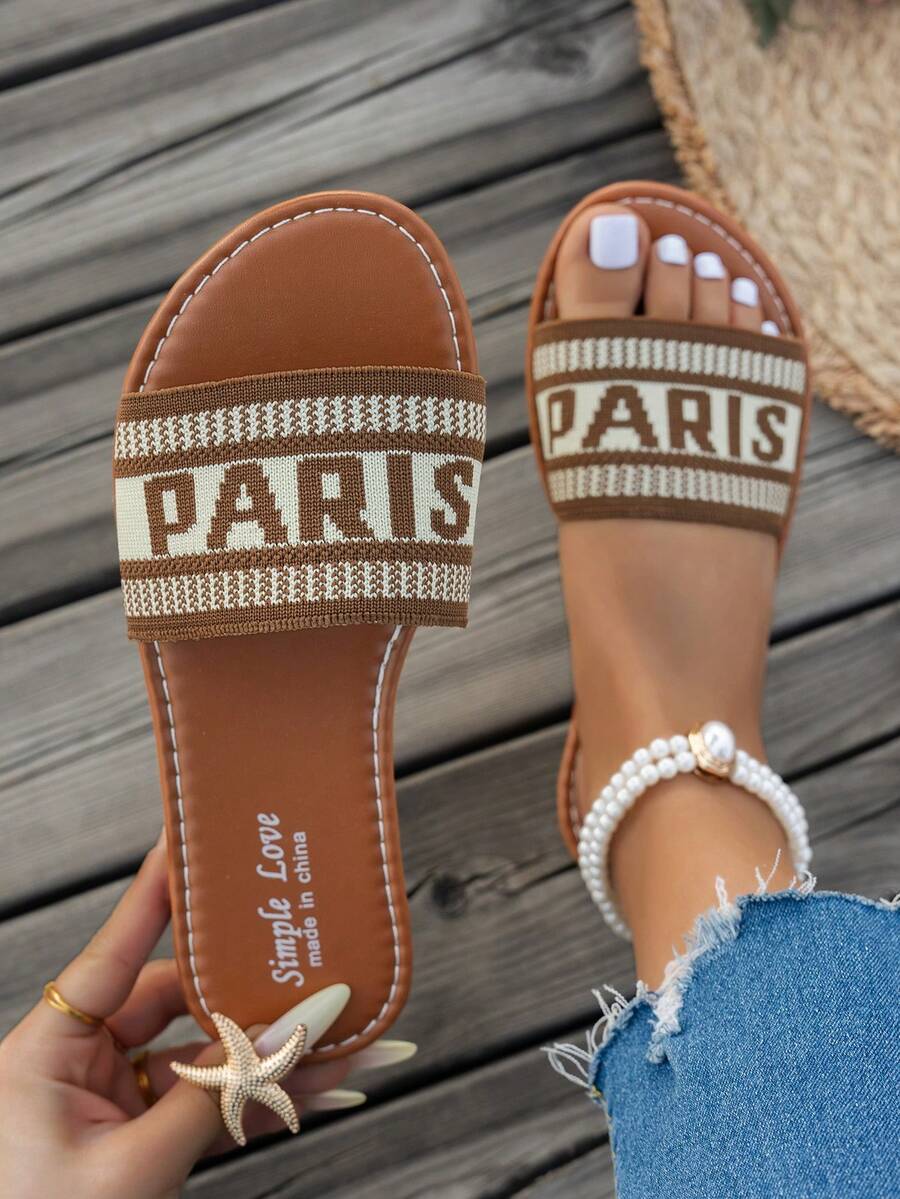 女士新款凉鞋，圆头平底时尚拖鞋，可爱编织心形沙滩鞋，适合外出、旅行、聚会和居家穿着 - 卡其色 - 查看 1