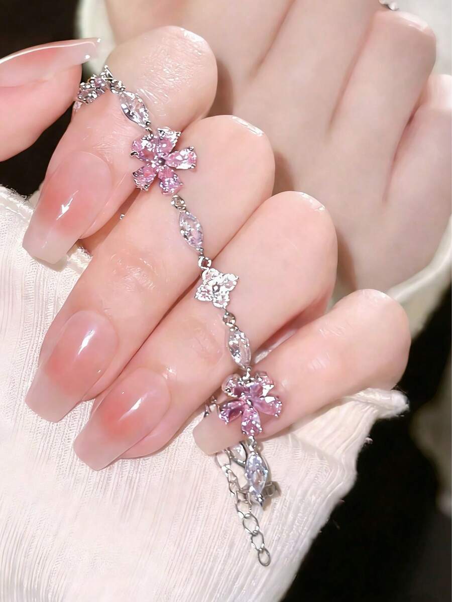 1 件粉色方晶锆石樱花蝴蝶结手链，适合女士，时尚简约设计，适合日常佩戴，可作为女朋友之间的礼物，情人节、妈妈、母亲、母亲节、礼物 - 粉色 - 查看 1