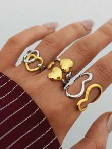 Frminee 3件套/1件镂空爱心金银混色不锈钢戒指套装，个性戒指饰品，适合日常佩戴，节日礼物 - 彩色 - 查看 4