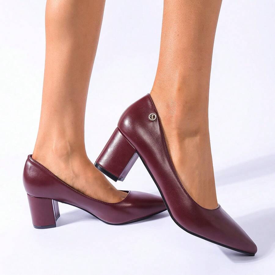 Women's Wine Classic Plain Office Pumps With Block Heel - WINE - View 1