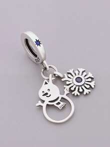 1 Piece 925 Sterling Silver Snowman Snowflake Dangle Charm, Blue Zirconia Pendant Bead DIY Unisex Christmas Jewelry Gift - Silver - View 2