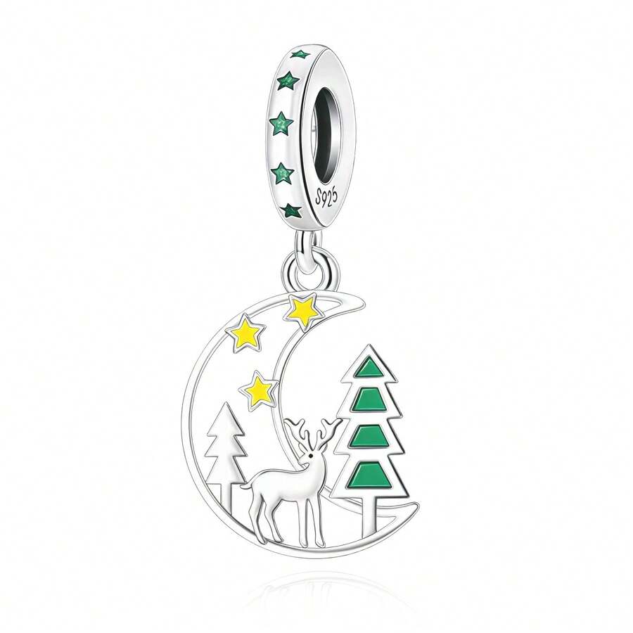 1 Piece 925 Sterling Silver Moon Star Deer Forest Dangle Charm, Enamel Pendant Bead DIY Unisex Christmas Jewelry Gift - Silver - View 1