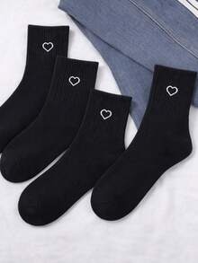 Conjunto De 3 Pares De Meias Pretas Cano Longo Com Desenho De Coração - 35 ao 40 - Preto - Visão 4