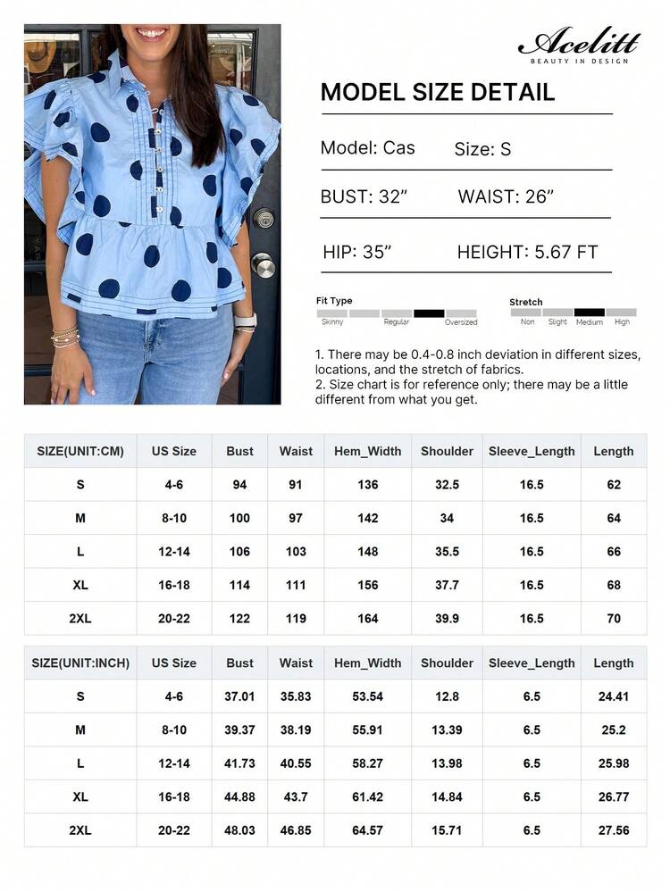 Sky Blue Polka Dot Print Ruffle Trim Button Collar Short Sleeve Shirt Summer - Blue - View 3