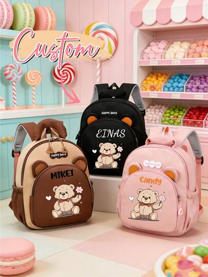 Customizable Mini Cartoon Bear & Heart Pattern Backpack, Handheld Or Adjustable Shoulder Strap, Zipper Closure, Nylon Material, Suitable For Daily Use, Outings, Shopping And Travel, Also An Excellent Birthday Or Christmas Gift
