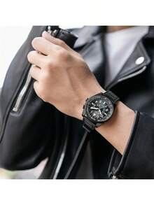 CITIZEN Đồng hồ đa năng thời trang 42mm, Đặc điểm: Vỏ thép không gỉ màu đen mờ, Vòng bezel khắc vạch, Mặt số đen (với chức năng bấm giờ 3 kim và hiển thị ngày), Dây đeo da đen, Mặt kính khoáng, Chống nước 30M, Bộ máy thạch anh chính xác - BJ7135-02E - màu đen - Xem 3