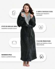 Peignoir long en microfibre pour femmes : Peignoir doux en polaire, peignoir épais pour l'hiver avec ceinture et poches pour la maison, le spa, l'hôtel, les voyages, la piscine, la salle de sport, cadeau de Noël. - Gris avec capuche - Voir 3