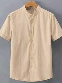 Men's Short-Sleeve Mandarin Collar Shirt, Summer Casual, Viscose-Linen - Màu be - Xem 3