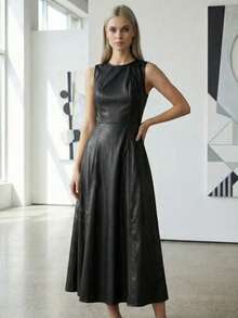 MODAMO REF Y560 - Black Leather Dress With Stitching Details, Minimalist Elegance - màu đen - Xem 3