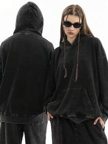Women's Oversized Unisex Retro Acid-Wash Hooded Sweatshirt - Heavy-Duty Couple Matching Streetwear Pullover With Pocket, X-Line Fit (Plus Size), All-Season Casual Hoodie For Men & Women - Christmas Gift - 黑色 - 查看 6