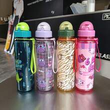 1pc 550ml Cute Cartoon Print Water Bottle With Straw, Leak-Proof, Easy To Clean, With Handle, Suitable For School, Commuting, Outdoor Activities, Picnic, Camping, Sports, Office, Picnic, Camping, Travel, Holiday Gift, Birthday Gift, Anniversary Gift, Back To School Gift - Multicolor - View 3