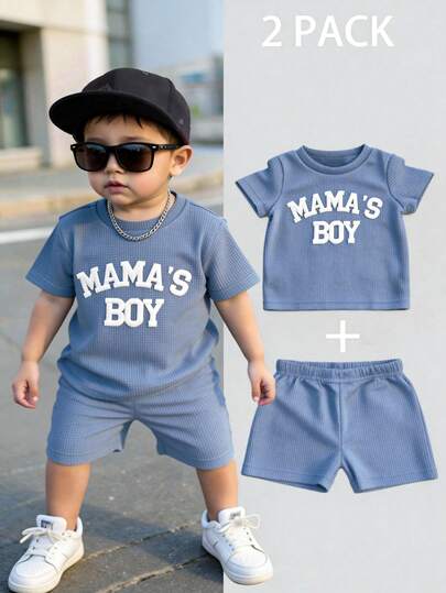 2pcs Baby Boy Summer Casual Sports Round Neck Pullover T-Shirt And Shorts Set, Soft Fabric Outdoor Sports Essential With "MAMA'BOY" Print