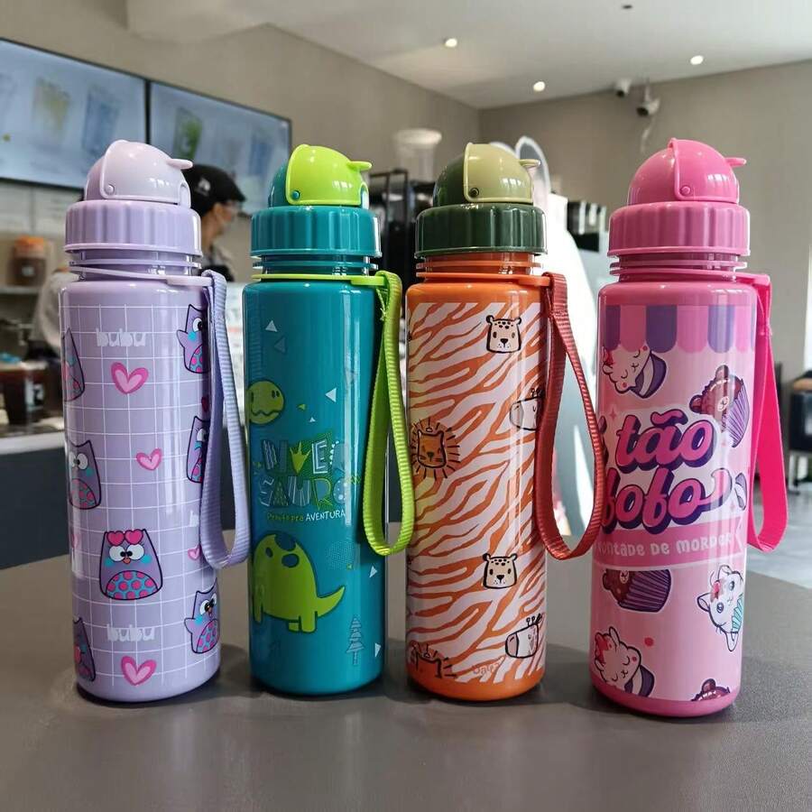 1pc 550ml Cute Cartoon Print Water Bottle With Straw, Leak-Proof, Easy To Clean, With Handle, Suitable For School, Commuting, Outdoor Activities, Picnic, Camping, Sports, Office, Picnic, Camping, Travel, Holiday Gift, Birthday Gift, Anniversary Gift, Back To School Gift - Multicolor - View 1