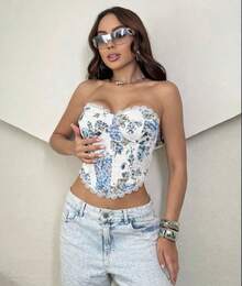 Women's Floral Strapless Corset With Adjustable Shaping Cups – Blogger Style, Carnival, Cup Detail, Backless, Appliques, Beach, Vacation - 藍色 - 查看 2