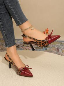 Leopard Print Color Block Pointed Toe Stiletto High Heels For Women, Backless Bowknot Decor Shoes, Strap Buckle Ankle Strap Fashion Party Shoes - Burgundy - View 4