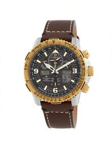 CITIZEN 45毫米不锈钢表壳多功能腕表，功能：不锈钢表壳（银色+金色），金色旋转表圈，黑色表盘带3个小表盘，日期显示，世界时间，棕色皮表带，矿物玻璃表镜，100米防水，-Drive机芯 - JY8084-17H - 黑色 - 查看 5