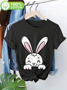 Camiseta De Manga Corta Con Estampado Gráfico, Cuello Redondo Casual Para Verano Y Primavera, Ropa De Mujer - [Oscuro] - Ver 1
