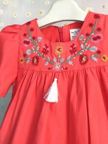 女童花卉刺繡休閒公主洋裝，適合派對，女童夏季服飾 - 紅色 - 查看 2