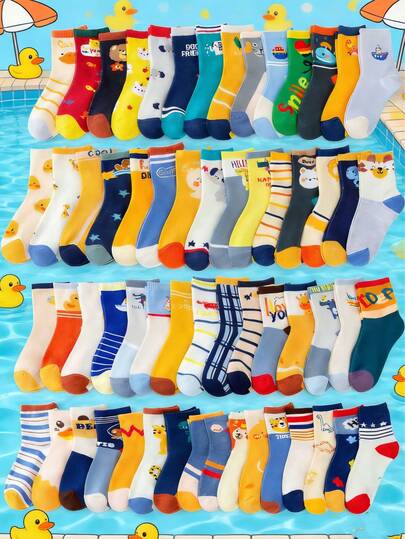 10/15/20 双装儿童卡通动物图案袜子，适合男孩女孩四季穿着，包含恐龙、鸭子和熊等可爱图案，透气舒适，休闲百搭，适合日常和上学穿着，色彩鲜艳的儿童袜子