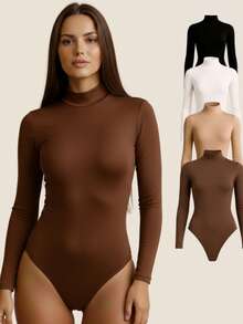 Women's Basic Second Skin Bodysuit Set With High Neck And Long Sleeves - High Fashion Blogger Style - 兩件套(黑色+棕色) - 查看 5