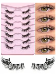 GROINNEYA 7对半条式假睫毛，透明带猫眼假睫毛，轻盈蓬松的貂毛假睫毛，拉长眼尾，飞扬的交叉假睫毛，精致可重复使用，适合日常通勤、约会、婚礼宾客、旅行和节日妆容。 - 查看 10