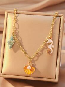 Hihho 1pc Luxury Ocean Element Necklace Set, Lightweight Elegant Ocean Themed Necklace Set Is Both A Youthful Daily Accessory And An Ideal Gift To Spread Good Vibes - Gold - View 2