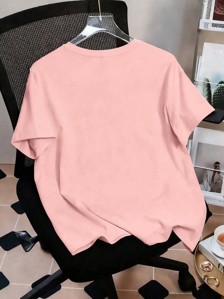 Girls' Short Sleeve T-Shirt With Cartoon Duck Print, Suitable For Spring And Summer, Showcasing Youthful Vitality, Cute Yet Stylish - Pink - View 2