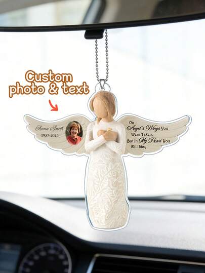 1pc Customize Photo Acrylic Car Hanger-On Angel'S Wings You Were Taken, But In My Heart You Will Stay,Personalized Memorial Car Ornament, Remembrance Angel Ornament, Memorial Gift,Custom Photo And Text Car Rearview Mirror,Remembering The Deceased,Remembering The Deceased Elders,Best Memorial Gift For The Family Of The Deceased Elder,Personalized Gifts,Bag Charms