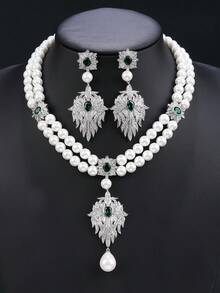 3pcs Luxurious Cubic Zirconia Necklace & Earrings Set, Faux Pearl Jewelry For Wedding, Party, Bridal Gown, Holiday, Birthday Gift - Jewelry Sets - View 7