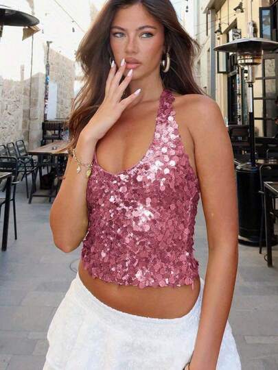 Women Sequin Halter Tank Top Sparkly Sleeveless Deep V Neck Slim Fit Vest Summer Backless Bling Glitter Low Cut Crop Top Going Out Tops