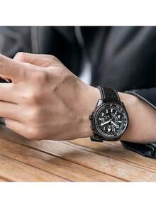 CITIZEN Đồng hồ đa năng thời trang 42mm, Đặc điểm: Vỏ thép không gỉ màu đen mờ, Vòng bezel khắc vạch, Mặt số đen (với chức năng bấm giờ 3 kim và hiển thị ngày), Dây đeo da đen, Mặt kính khoáng, Chống nước 30M, Bộ máy thạch anh chính xác - BJ7135-02E - màu đen - Xem 4