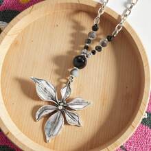 1pc Women's Fashion Pendant Necklace, Vintage Minimalist Floral Pendant Beaded Sweater Chain, Suitable For Women's Casual Daily Wear, Holiday Gift - Antique Silver - View 3