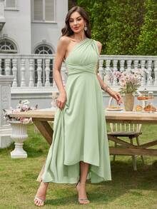 Volly Toych 鼠尾草绿百搭A字优雅不对称V领中长雪纺伴娘礼服，婚礼宾客礼服 - 青瓷 - 查看 7