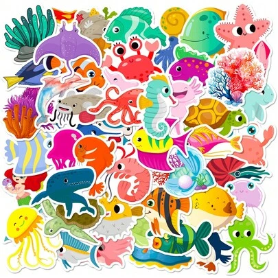 50 Pcs Marine Life Stickers - Cute Cartoon Dolphin & Shark Decals For Toys, Aquarium Themed Notebook Decoration