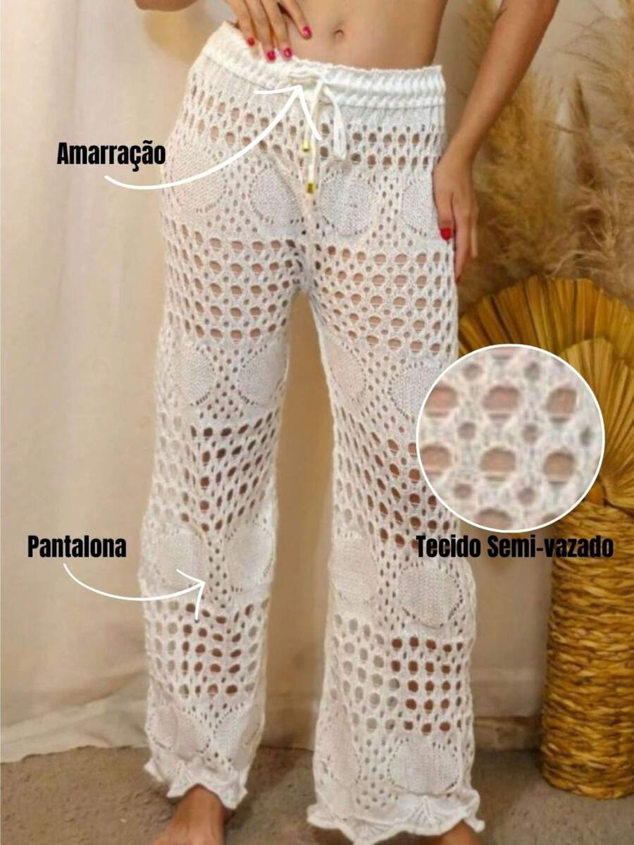 Set Of 2 Knitted Crochet Wide-Leg Mesh Beach Cover-Up Pants - Stylish Summer Fashion - Comfortable - Trắng và Trắng - Xem 1