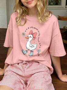 Girls' Short Sleeve T-Shirt With Cartoon Duck Print, Suitable For Spring And Summer, Showcasing Youthful Vitality, Cute Yet Stylish - Pink - View 8