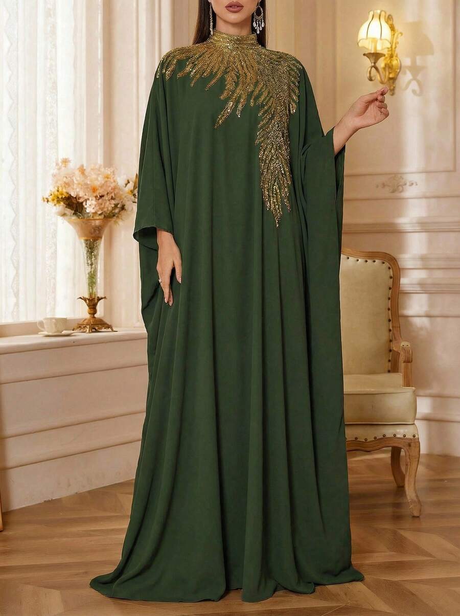 Solessence 优雅绿色宽松卡夫坦长袍，金色亮片装饰，派对端庄长袍，穆斯林正式礼服，晚礼服，长袍（宽松版型 - 请查看尺码表）