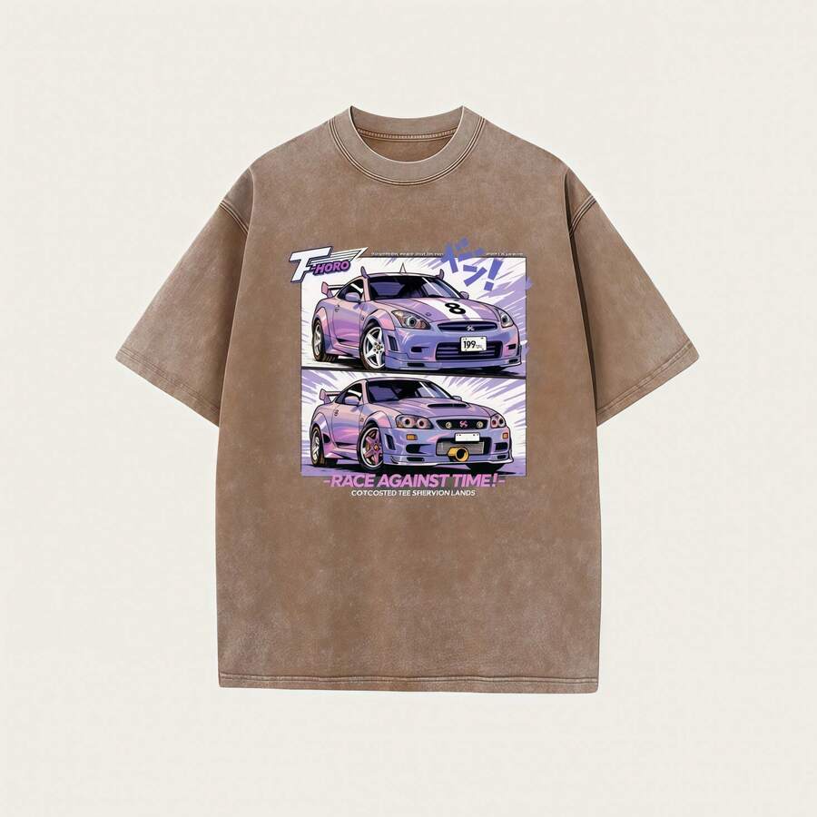 Men's Heavyweight Washed Embroidered T-Shirt - Japanese Racing Pattern Print, Street-Style Short-Sleeve Crew Neck T-Shirt, Suitable For Racing Enthusiasts And As A Holiday Gift, All-Season Casual Shirt (Machine Washable, Durable Heat-Transfer Design) - 咖啡棕 - 查看 1