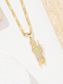 1pc Gold Figaro Chain Iced Out CZ St. Jude Thaddeus Pendant Necklace, Catholic Saint Religious Hip Hop Jewelry For Men & Women - Yellow Gold - View 5