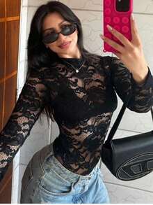 Women's Sexy Long Sleeve Tulle Lace Bodysuit With Delicate Flower, Transparent, Sizes S, M, L. Sensual Clothing, Night Outfit, Party Look, Elegant Style, Romantic, Lingerie, Fashion, , Blogger Style, Winter And Autumn, Night Out, All Print, Transparent, Cutout Fabric, Transparent, Cutout Fabric - 黑色 - 查看 6