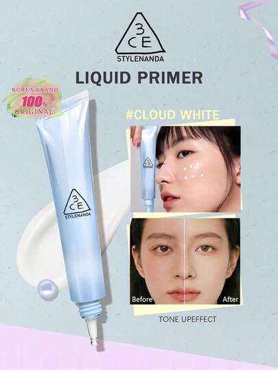 3CE Base de maquillaje líquida de color blanco nube, imprimación correctora del tono de piel, efecto minimizador de poros y ocultador, fórmula ligera y humectante, 2 en 1 ocultador y iluminador, acabado mate con control de aceite de larga duración de 48 horas, imprimación suave de maquillaje apta para todo tipo de pieles, belleza coreana