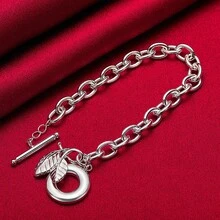 925纯银镀层树叶吊坠手链，粗链，男女皆宜，适合婚礼、订婚等场合，时尚饰品 - 銀色 - 查看 1