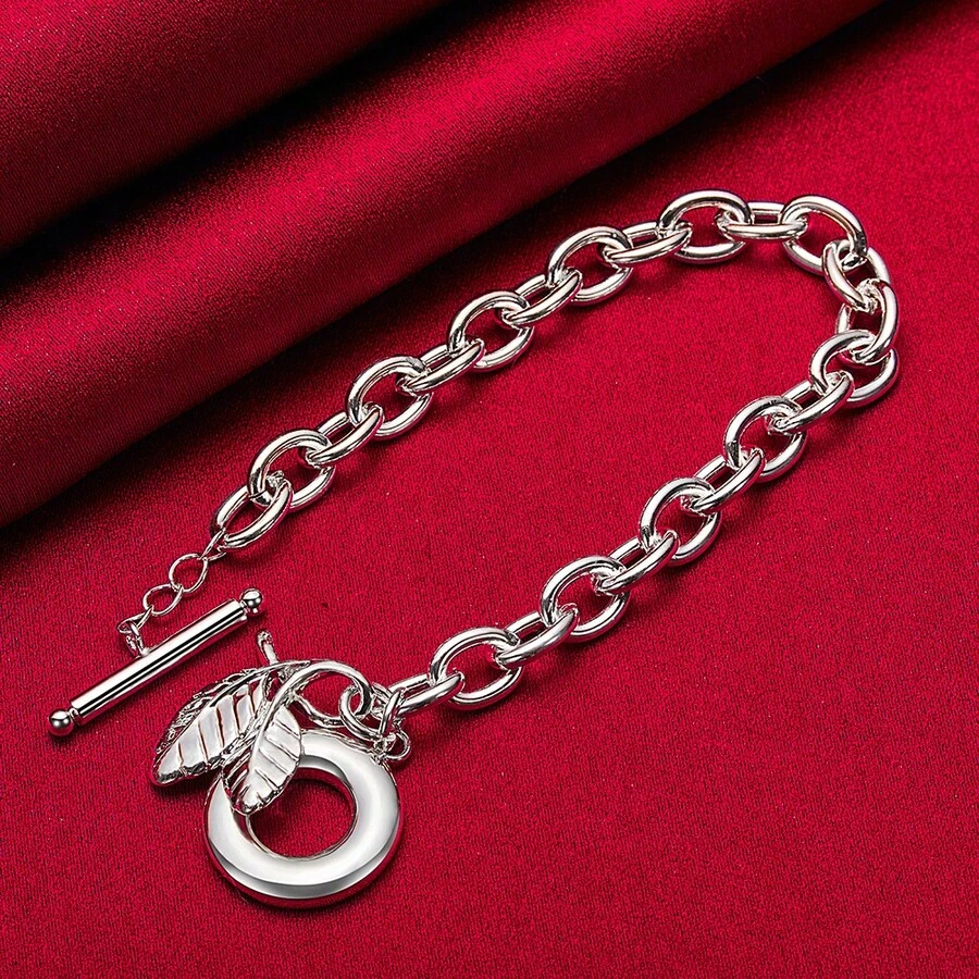 925纯银镀层树叶吊坠手链，粗链，男女皆宜，适合婚礼、订婚等场合，时尚饰品 - 銀色 - 查看 1