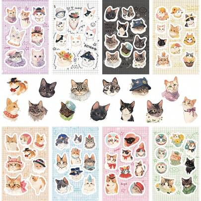 8 יחידות מדבקות קולאז' של חתולים חמודים - מדבקות עיצוב מקסימות ליומנים, מחברות ויצירות DIY